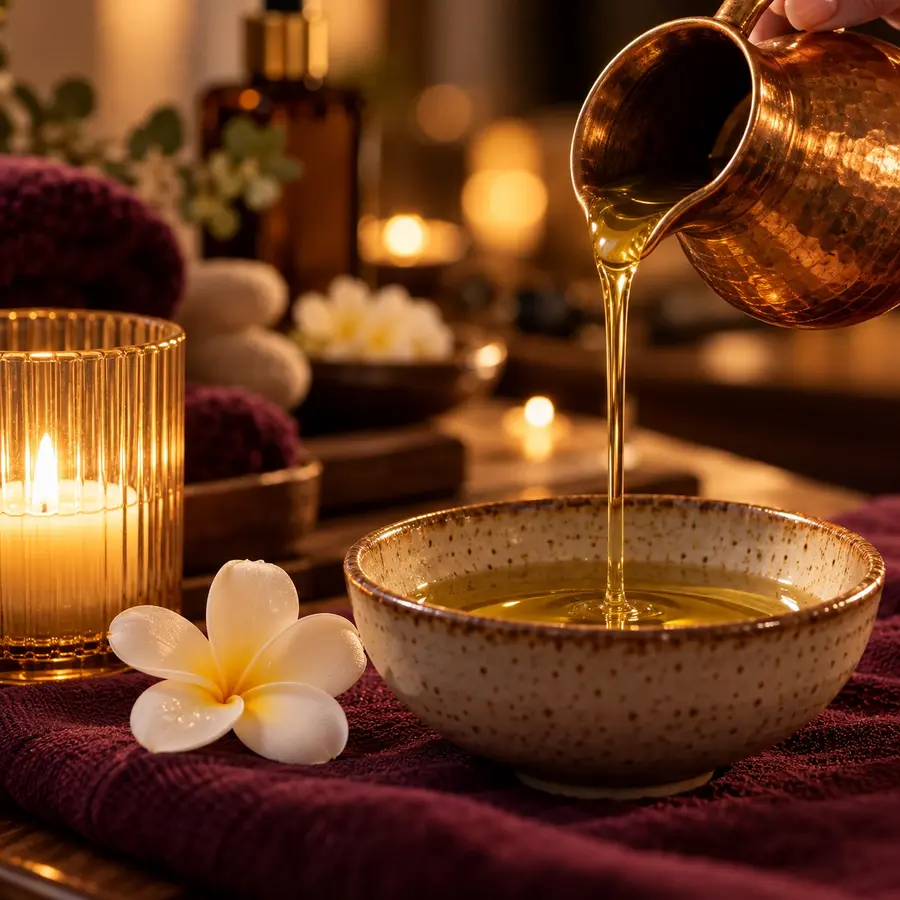 Warm massage oil poured from a copper jug into a ceramic bowl