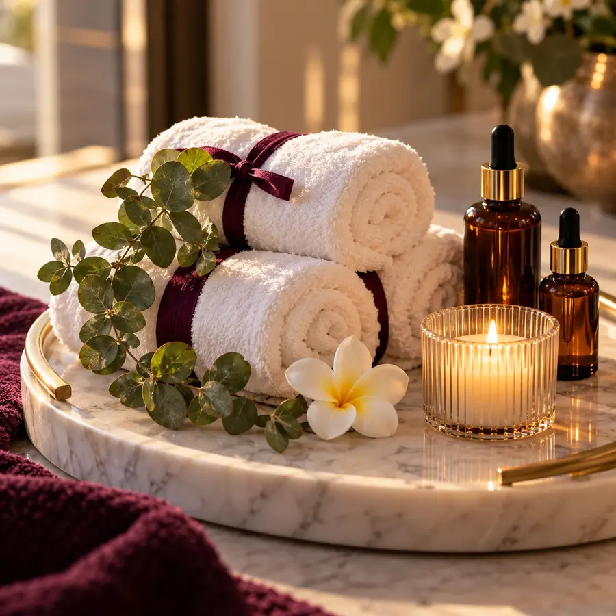 Rolled white towels, eucalyptus, oils and a candle on a marble tray