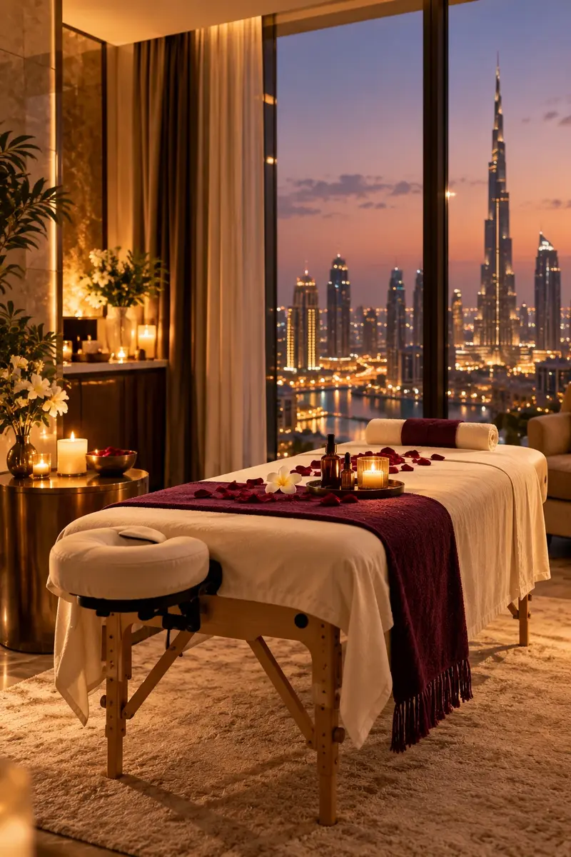 Massage table set up in a hotel suite overlooking the Dubai skyline